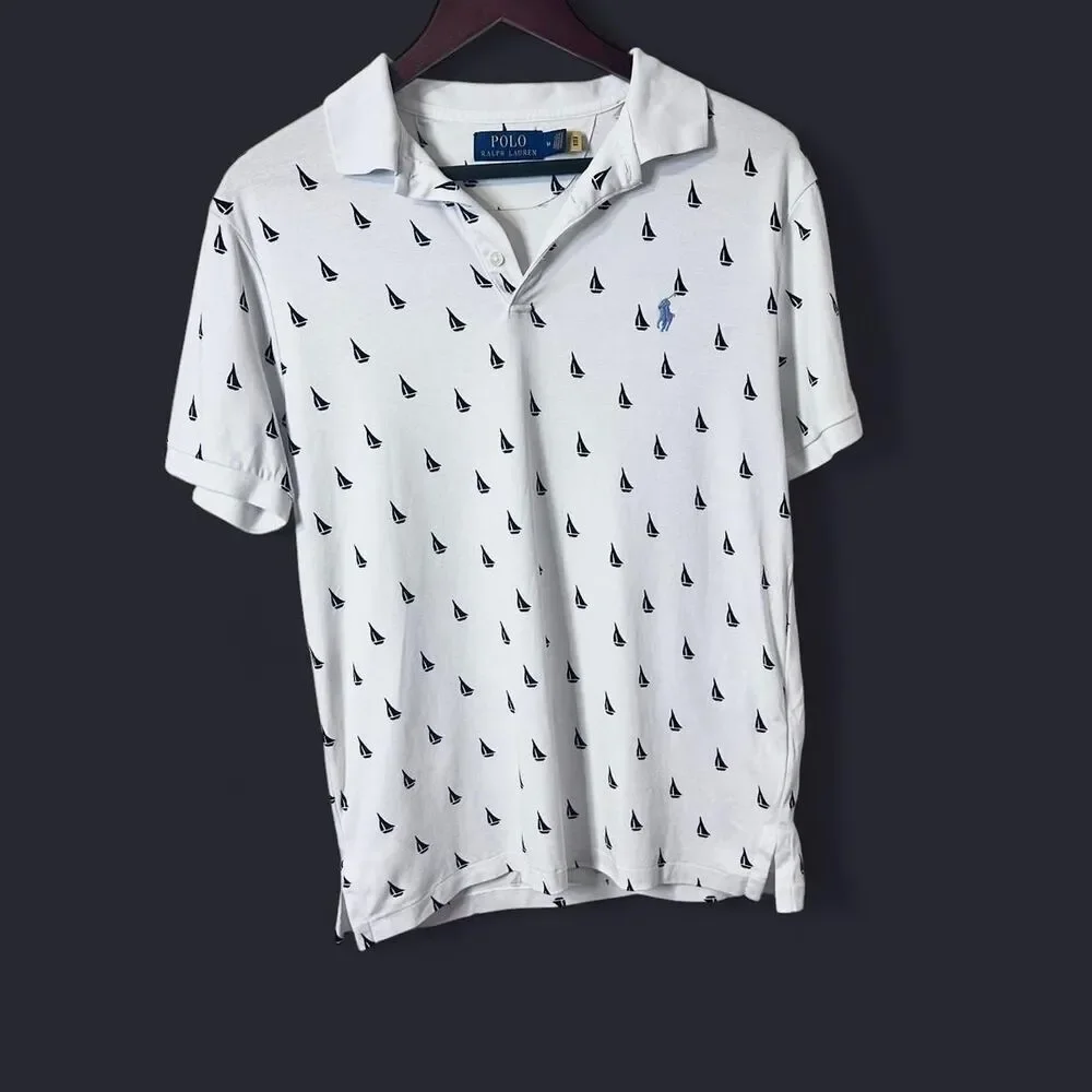 Polo Ralph Lauren Nautical Style Sailboat Print Polo White w/ Navy Blue Sz Med